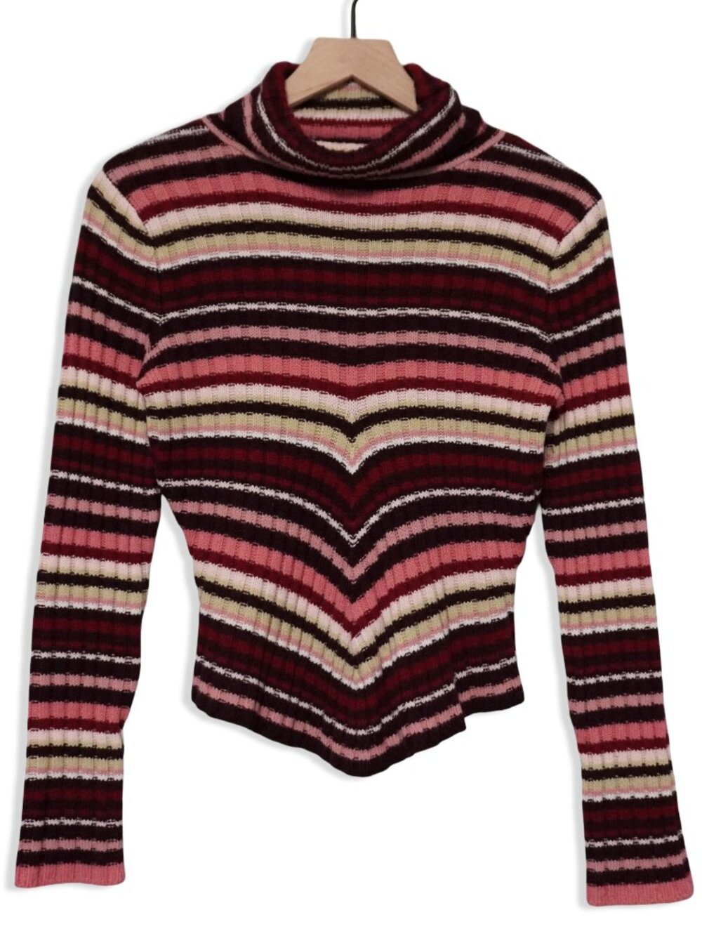Vintage Y2K Taunt Women's Large Preppy Pink Striped Fitted Turtleneck Sweater